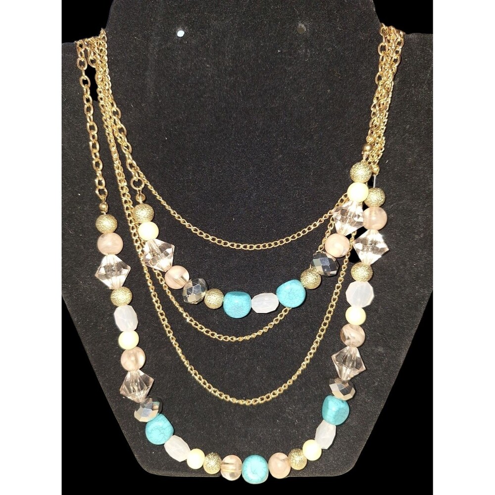Multi-Strand Gold Tone Necklace with Turquoise and Neutral Beads